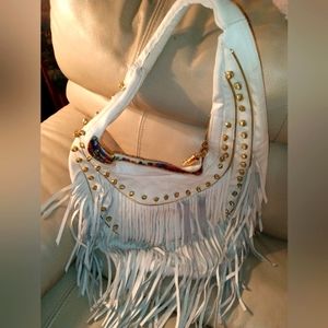 STUNNING‼️Boho White Leather Fringe Hobo Bag